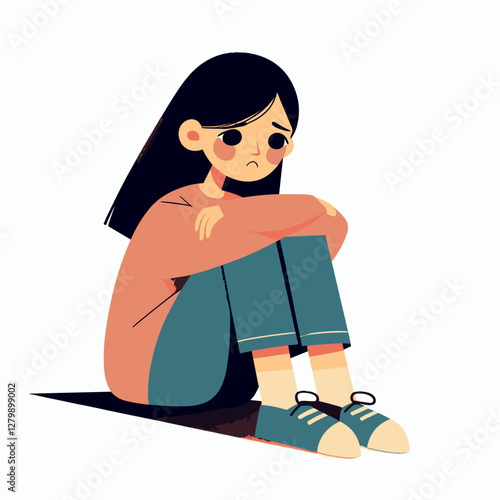 An emotional illustration of a sad woman sitting alone, conveying feelings of sorrow and loneliness. Perfect for mental health awareness campaigns, heartbreak-related content.