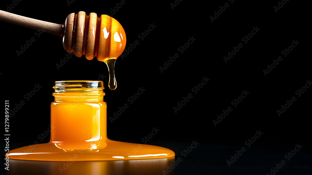 Honey dripping from dipper into jar on dark background Honey dripping from dipper into jar on dark background