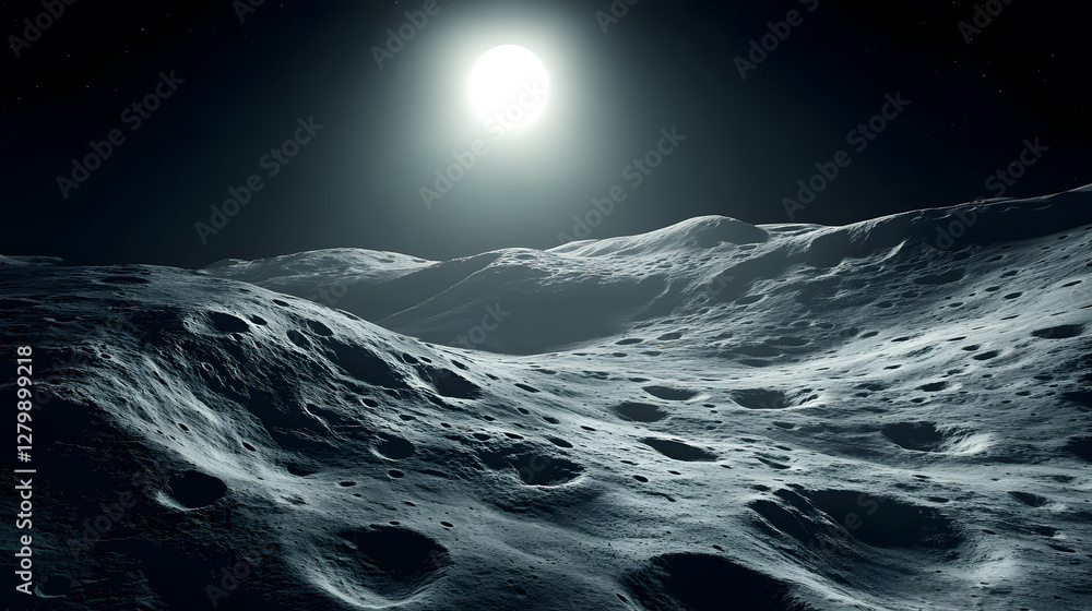 Fototapeta premium A stunning depiction of a lunar landscape under a bright moon. The surface is heavily cratered, showing the rugged texture of the moon's terrain. A serene and otherworldly scene.