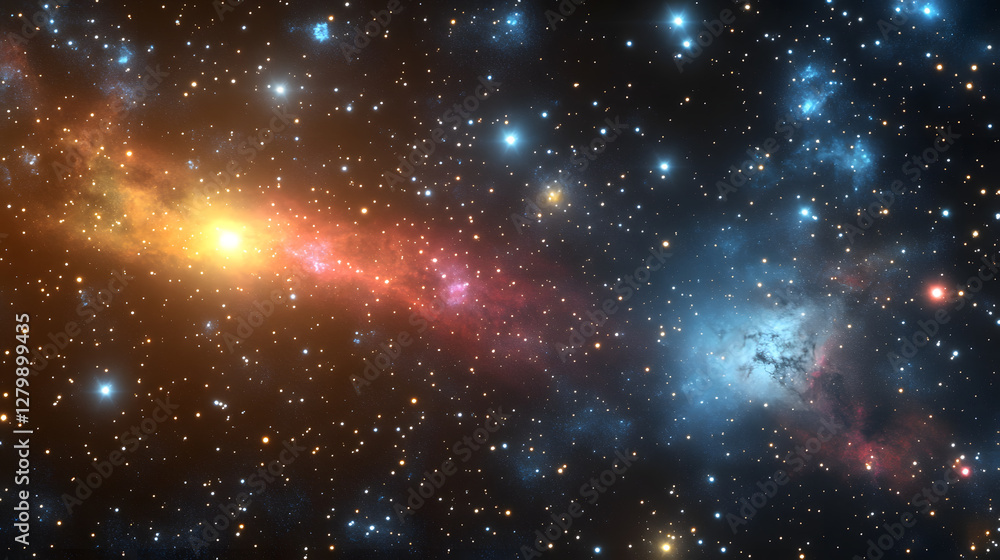 Fototapeta premium A vibrant nebula shines brightly against a backdrop of countless stars. Reds, oranges, and blues paint a cosmic masterpiece across the dark expanse of space.