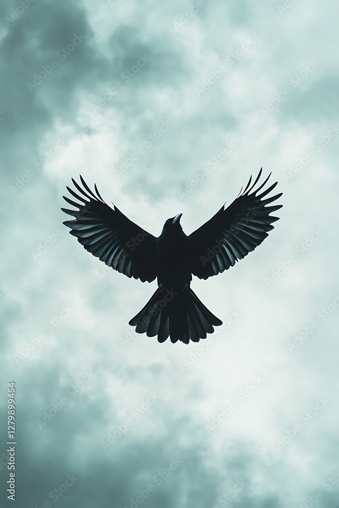 Obraz premium Soaring crow against stormy sky