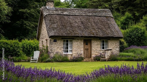 Stone Cottage, Thatched Roof, Lavender
