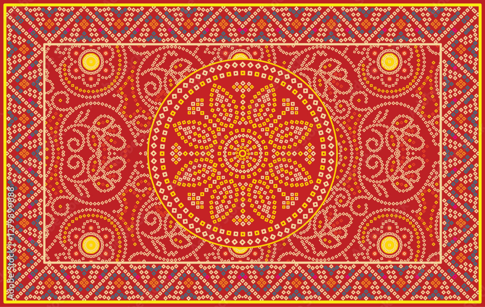Traditional Chunri Bandhani Design Seamless Repeat Pattern on Red Background, for digital textiles designs vector borders floral patterns for textile, cloth, fabric, warping. paper, carpet. Traditional Chunri Bandhani Design Seamless Repeat Pattern on Red Background, for digital textiles designs vector borders floral patterns for textile, cloth, fabric, warping. paper, carpet.