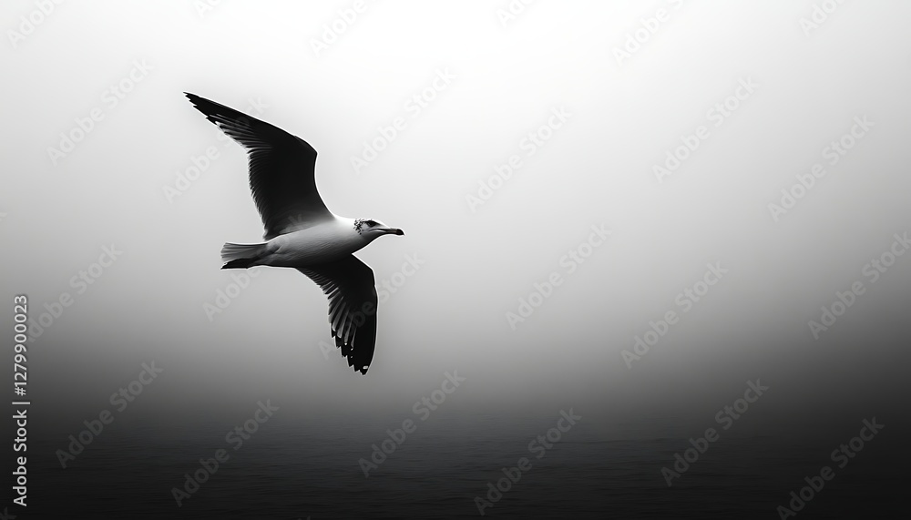 Soaring seagull, misty ocean, monochrome flight Soaring seagull, misty ocean, monochrome flight