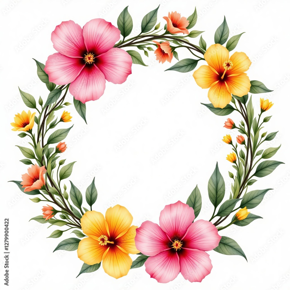 Obraz premium Floral Wreath With Pink And Yellow Hibiscus Flowers