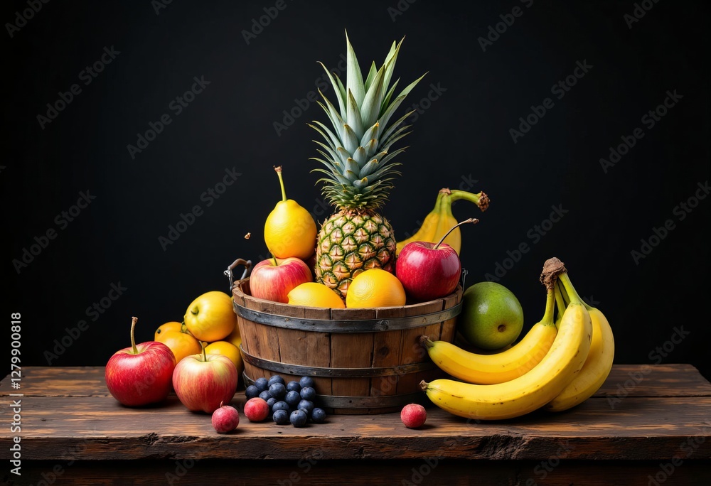 Fruit Abundance: Wooden Bucket, Pineapple, Bananas, Apples.