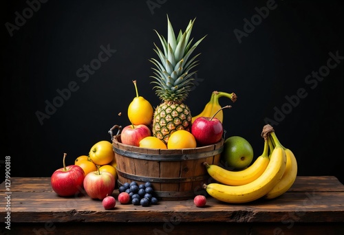 Obraz na płótnie Fruit Abundance: Wooden Bucket, Pineapple, Bananas, Apples. w salonie