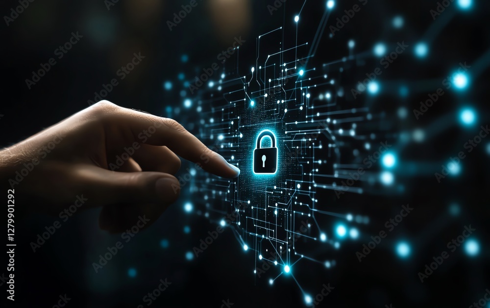 Network security concept, hand pressing a digital padlock icon on a network structure, illustrating encryption and secure connections in modern technology Network security concept, hand pressing a digital padlock icon on a network structure, illustrating encryption and secure connections in modern technology