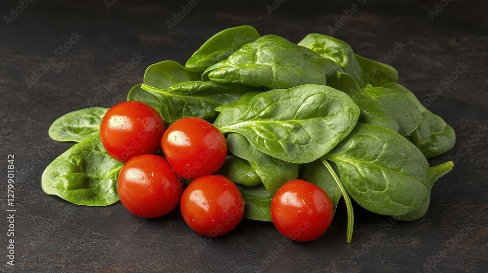 Fresh spinach leaves and cherry tomatoes. Perfect for healthy eating or salad recipes. Fresh spinach leaves and cherry tomatoes. Perfect for healthy eating or salad recipes.