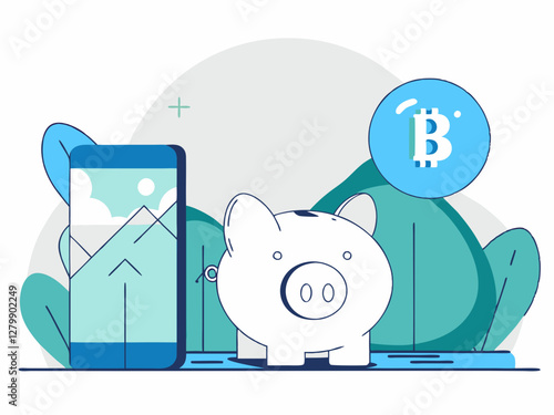 Bitcoin Savings: Piggy Bank, Phone, and Crypto Symbol