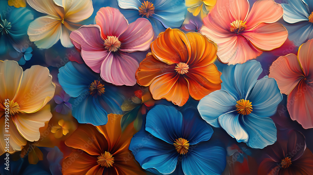 Expressive oil painting of blooming flowers on canvas with bold colors and artistic details Expressive oil painting of blooming flowers on canvas with bold colors and artistic details