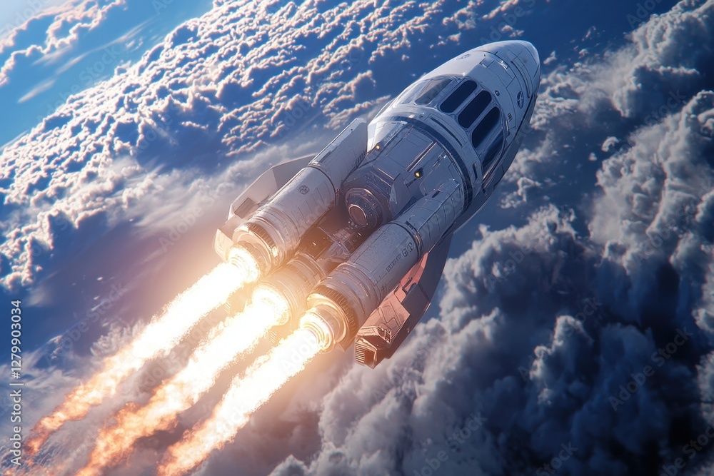 Fototapeta premium Rocket launching into space with bright exhaust trail against the clouds