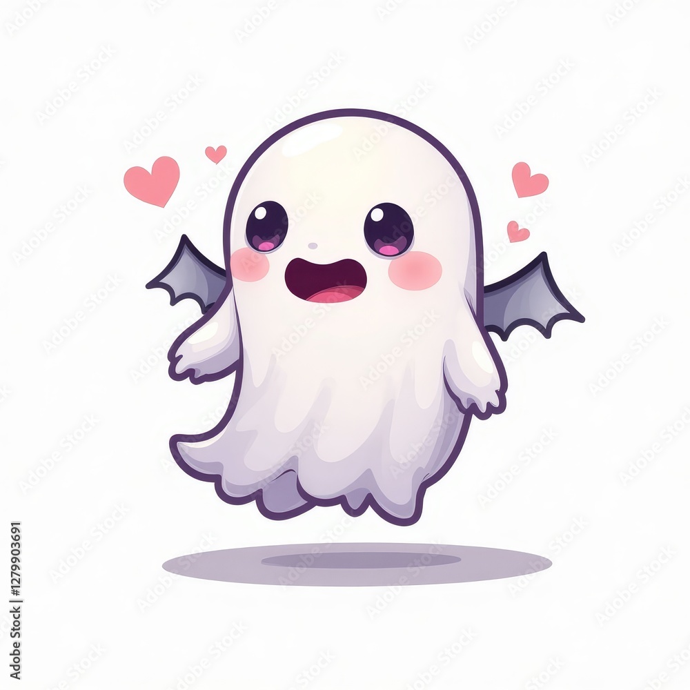 Obraz premium Kawaii ghost with bat wings and hearts