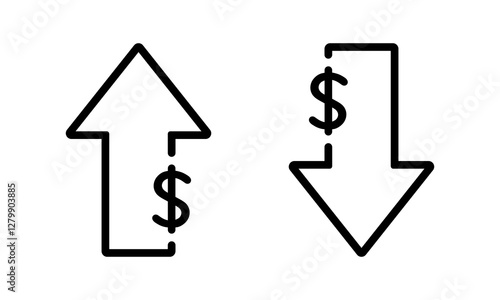 Up and down dollar outline icon. Lower and higher price arrow sign symbol