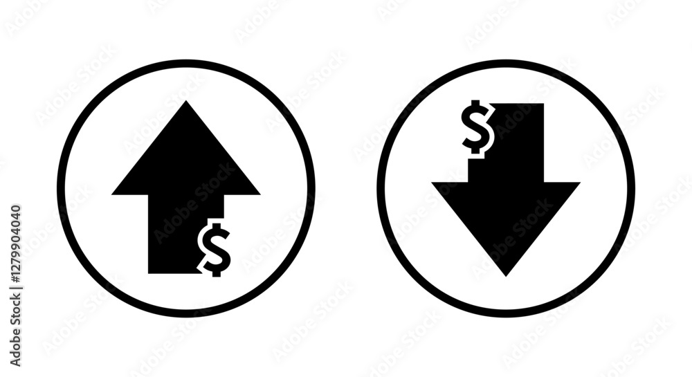 Dollar arrow growth and decline icon on circle line. USD up and down sign symbol Dollar arrow growth and decline icon on circle line. USD up and down sign symbol