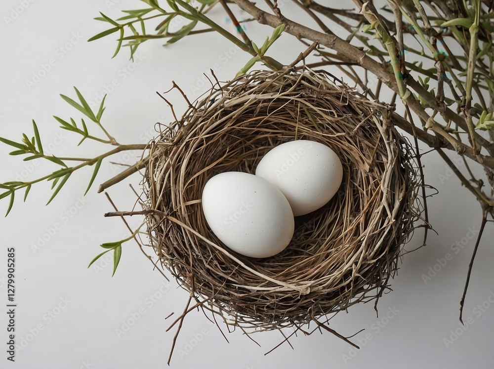 A small, handcrafted nest sits perfectly centered on a plain white background. A small, handcrafted nest sits perfectly centered on a plain white background.