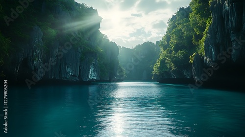 Sunlit Waterway Between Lush Green Cliffs