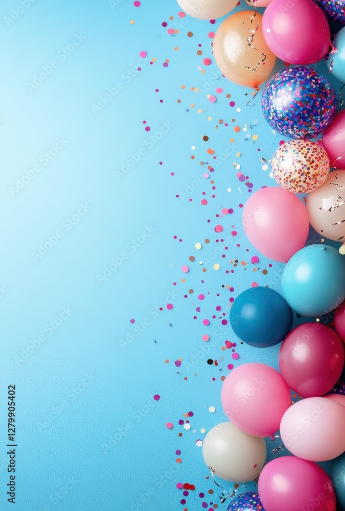 Colorful Balloons with Confetti Against a Bright Blue Background for Celebration and Party Decoration Themes Colorful Balloons with Confetti Against a Bright Blue Background for Celebration and Party Decoration Themes