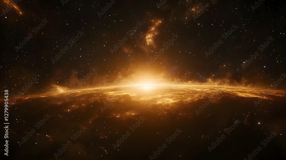 Fototapeta premium Golden sunrise over an alien planet. Stars and nebulae fill the dark space above. A breathtaking cosmic scene of celestial beauty and wonder.