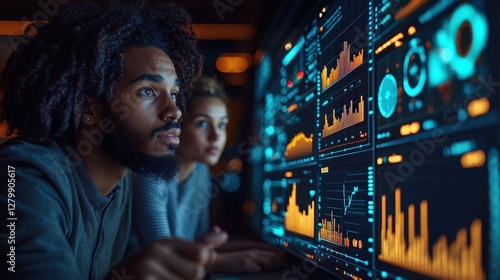Data analysts review charts, night office