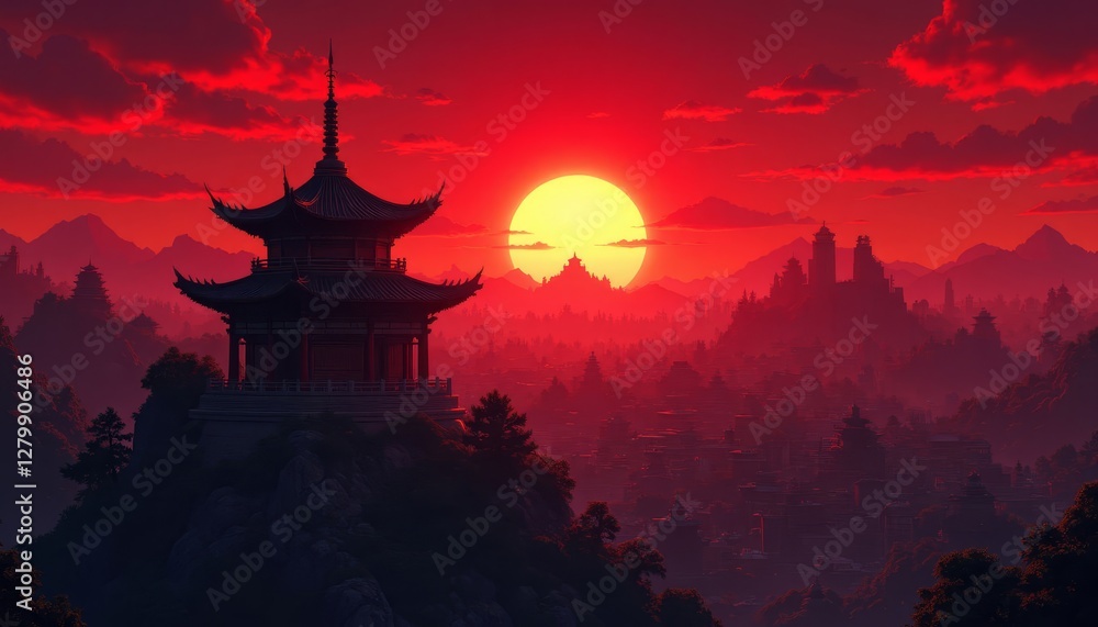 Fototapeta premium Pagoda Silhouette Overlooking Oriental City at Sunset
