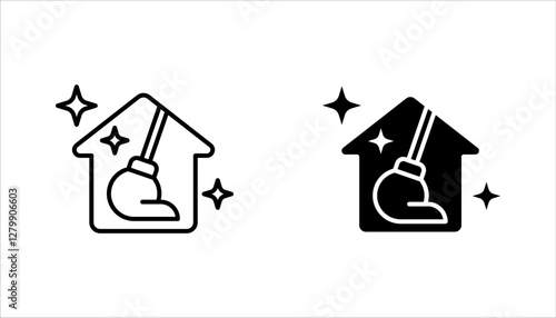 cleaning service icon set, design with house and broom, vector illustration on white background