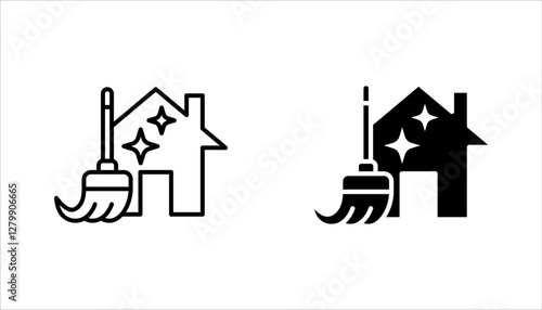 cleaning service icon set, design with house and broom, vector illustration on white background
