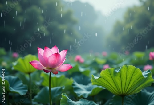 Pink Lotus Flower Blossom in Rainfall Serenity