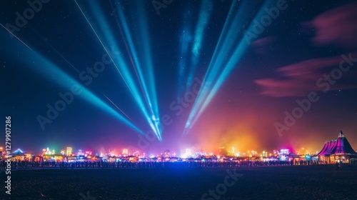 Night festival laser beams city lights photo