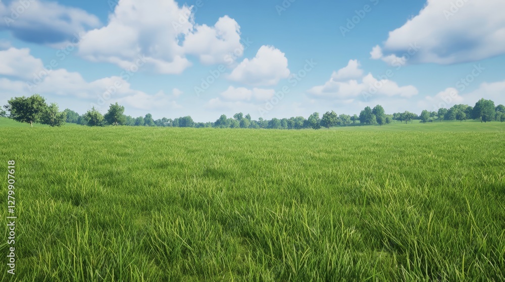 Lush green grass fields stretching under a vibrant blue sky filled with fluffy clouds, creating a serene and picturesque countryside scene on a sunny summer day