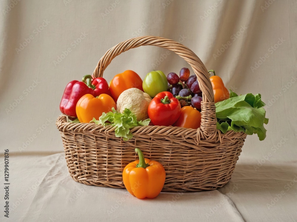 A wicker basket overflowing with fresh produce sits atop a softly wrinkled beige linen fabric. A wicker basket overflowing with fresh produce sits atop a softly wrinkled beige linen fabric.
