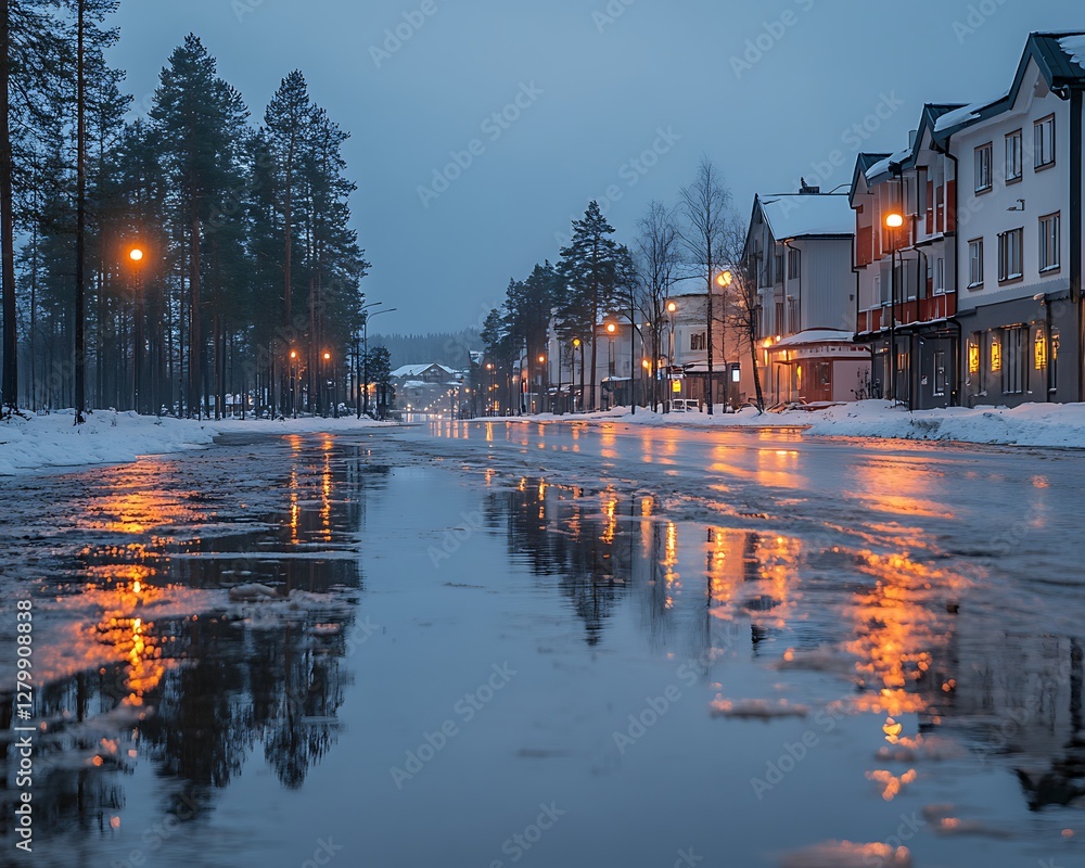 Fototapeta premium Snowy Evening Town Street Reflection