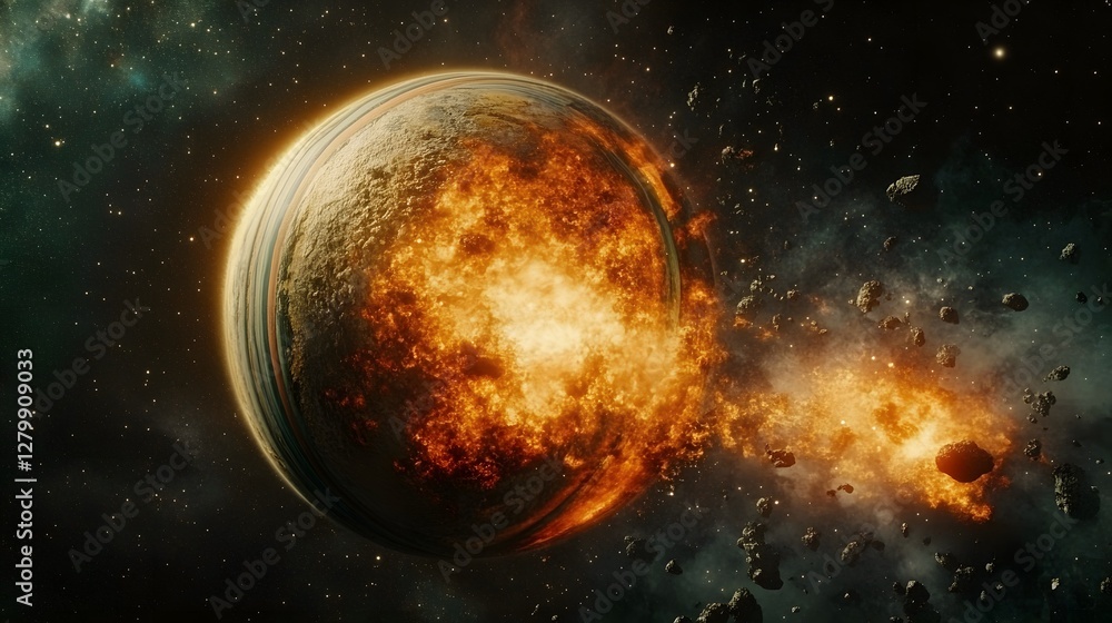 Naklejka premium A fiery cosmic event unfolds as a planet explodes in a spectacular display of destruction, surrounded by debris and stellar dust. The image showcases the raw power of space.
