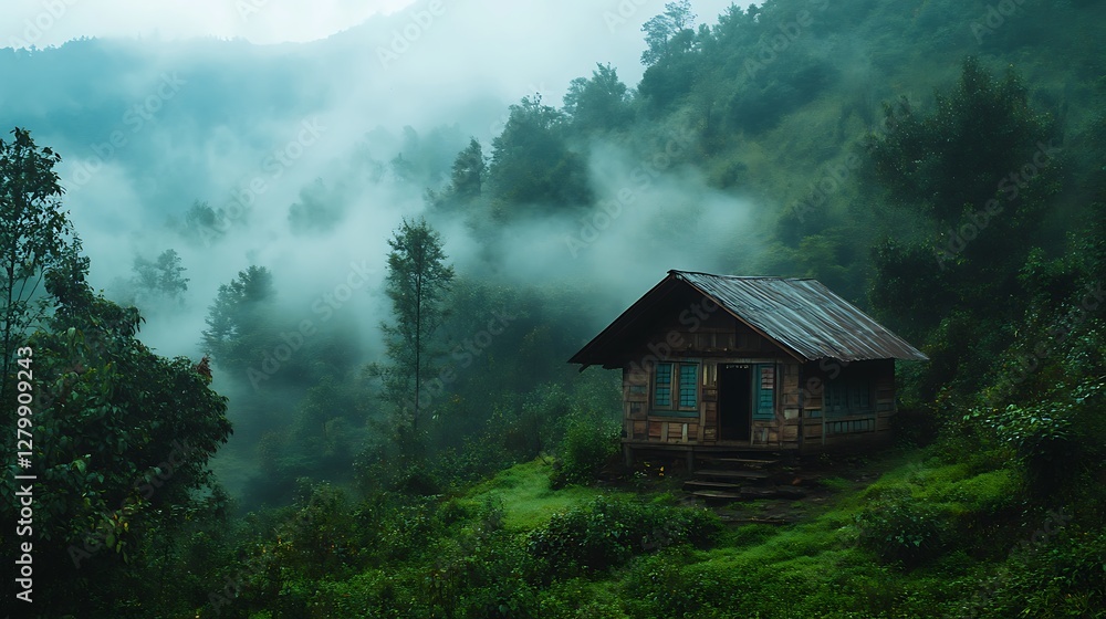 Misty Mountain Cabin Nestled In Lush Green Forest Misty Mountain Cabin Nestled In Lush Green Forest