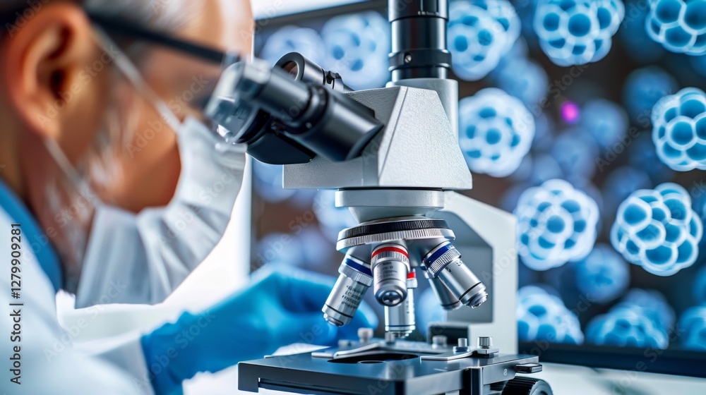 A scientist in a lab coat and mask examines cellular structures through a microscope, with digital screens displaying colorful images of cells in the background. A scientist in a lab coat and mask examines cellular structures through a microscope, with digital screens displaying colorful images of cells in the background.