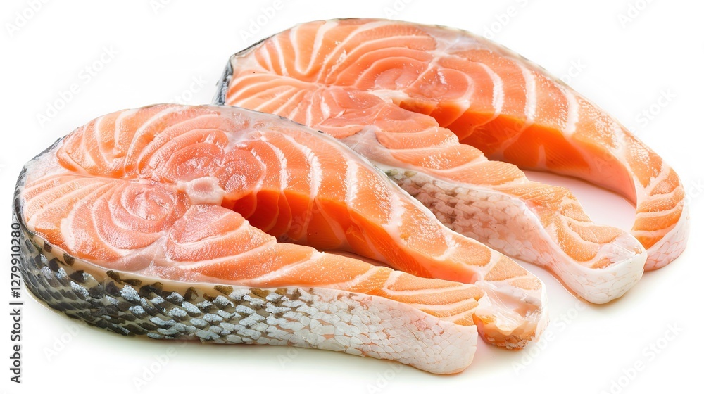 Fresh and appetizing raw salmon steaks presented isolated on a clean white background with full depth of field. The high - quality and visually appealing raw salmon pieces are perfect for food Fresh and appetizing raw salmon steaks presented isolated on a clean white background with full depth of field. The high - quality and visually appealing raw salmon pieces are perfect for food