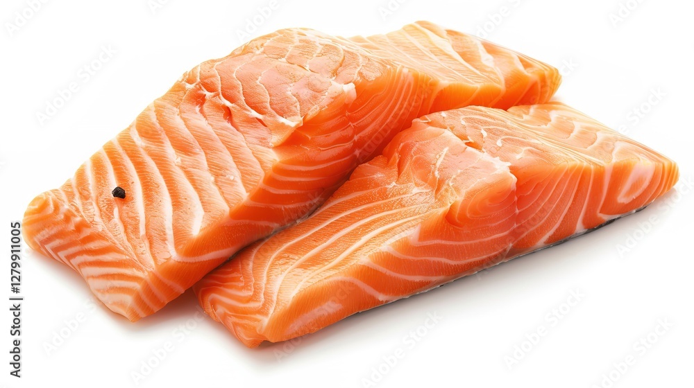 Fresh and appetizing raw salmon steaks presented isolated on a clean white background with full depth of field. The high - quality and visually appealing raw salmon pieces are perfect for food Fresh and appetizing raw salmon steaks presented isolated on a clean white background with full depth of field. The high - quality and visually appealing raw salmon pieces are perfect for food