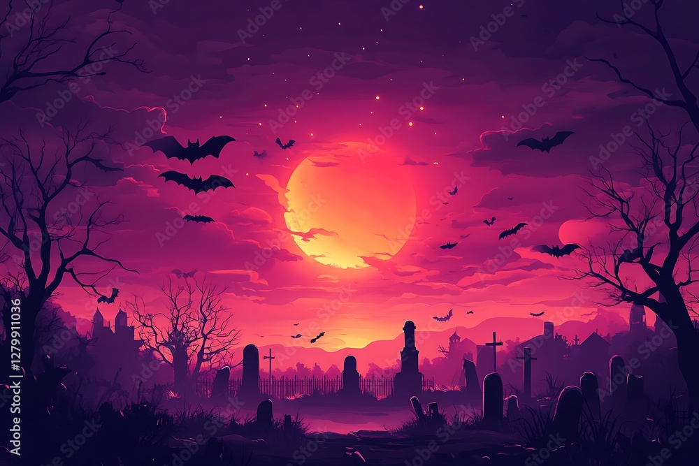 Spooky graveyard sunset with bats Spooky graveyard sunset with bats