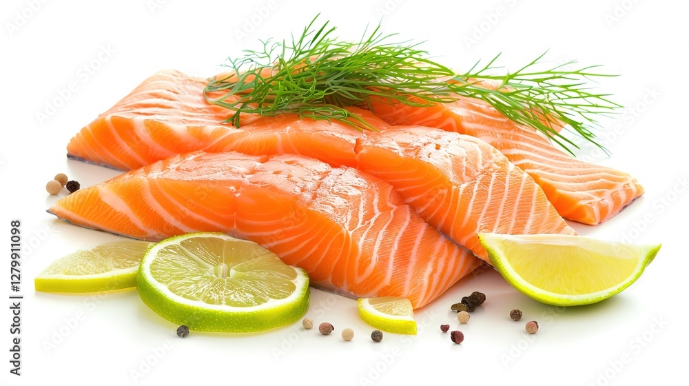 Fresh and appetizing raw salmon steaks presented isolated on a clean white background with full depth of field. The high - quality and visually appealing raw salmon pieces are perfect for food Fresh and appetizing raw salmon steaks presented isolated on a clean white background with full depth of field. The high - quality and visually appealing raw salmon pieces are perfect for food