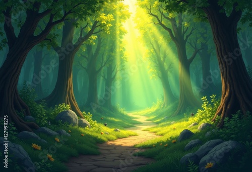 Sunlit Path Through Green Forest Trees