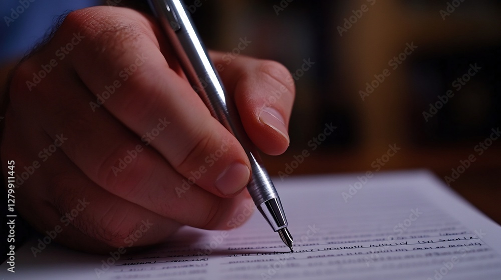 Close-up of hand writing on form with silver pen Close-up of hand writing on form with silver pen