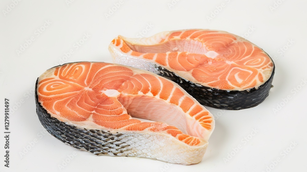 Fresh and appetizing raw salmon steaks presented isolated on a clean white background with full depth of field. The high - quality and visually appealing raw salmon pieces are perfect for food Fresh and appetizing raw salmon steaks presented isolated on a clean white background with full depth of field. The high - quality and visually appealing raw salmon pieces are perfect for food