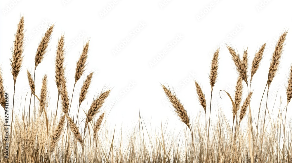 Fototapeta Golden Wheat Stalks on White Background A Natural Harvest Scene