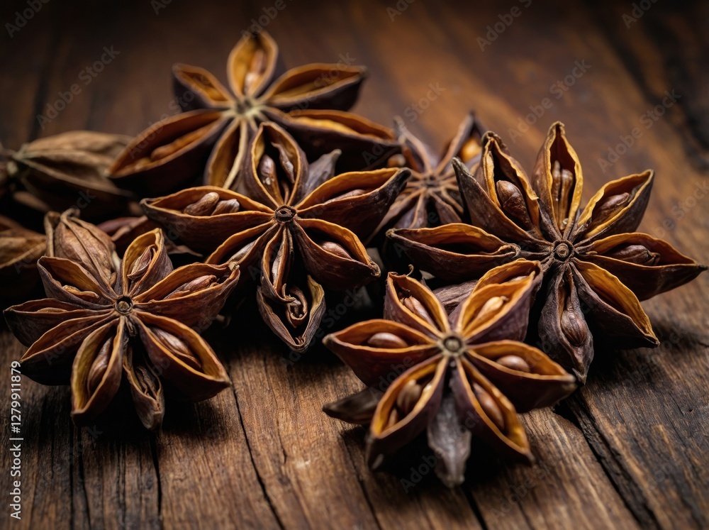 A pile of star anise resting on a rustic wooden surface. A pile of star anise resting on a rustic wooden surface.
