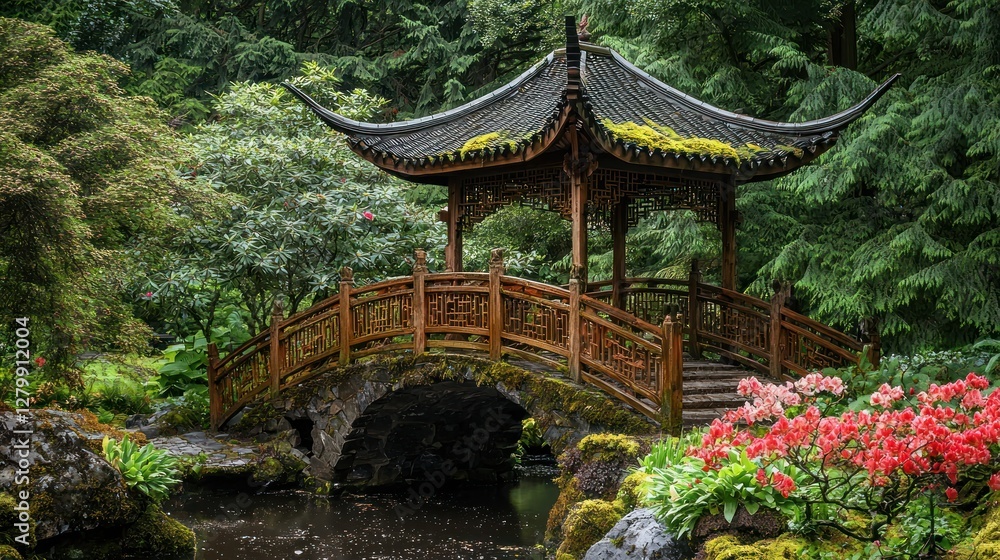 Serene garden with Chinese gazebo and bridge. Serene garden with Chinese gazebo and bridge.