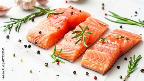 Fresh and appetizing raw salmon steaks presented isolated on a clean white background with full depth of field. The high - quality and visually appealing raw salmon pieces are perfect for food 