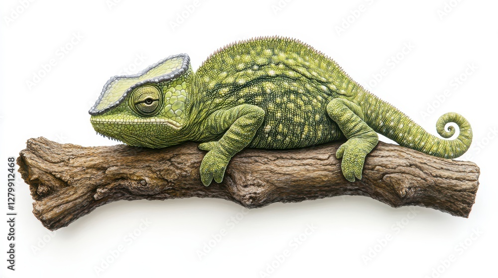 Fototapeta premium Green Chameleon On Brown Branch Against White Background