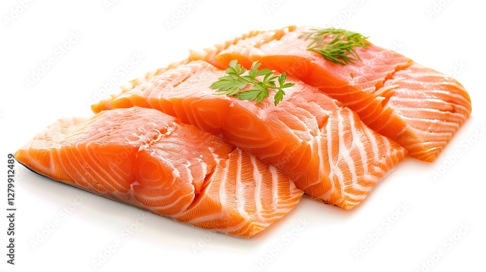 Fresh and appetizing raw salmon steaks presented isolated on a clean white background with full depth of field. The high - quality and visually appealing raw salmon pieces are perfect for food Fresh and appetizing raw salmon steaks presented isolated on a clean white background with full depth of field. The high - quality and visually appealing raw salmon pieces are perfect for food