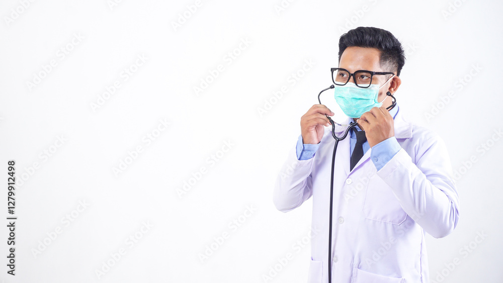 Doctor Puts Stethoscope On Isolated on White Background Doctor Puts Stethoscope On Isolated on White Background