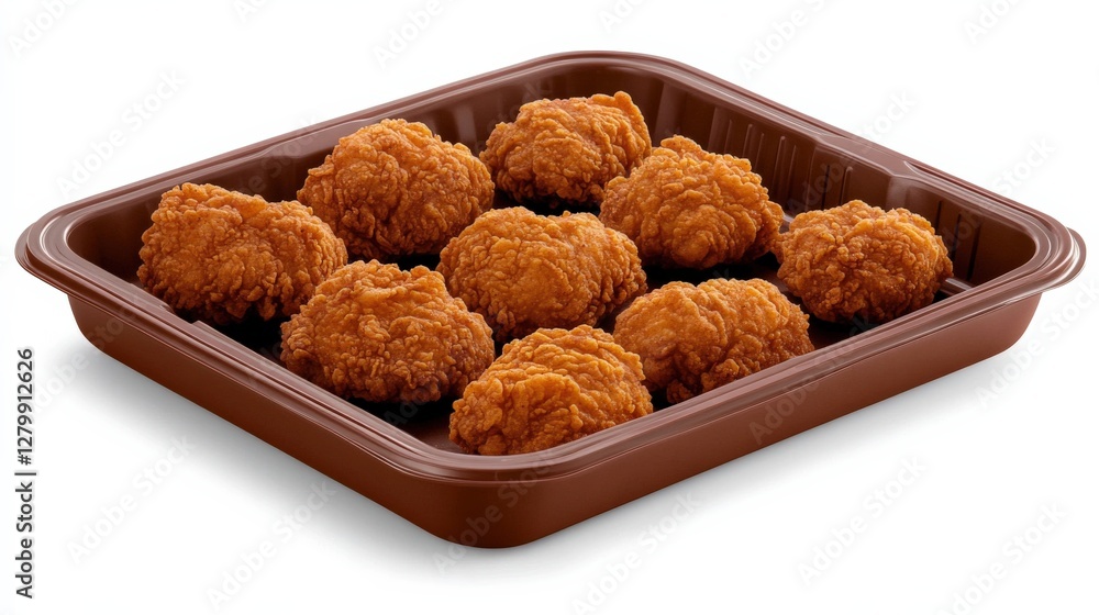 Close-up of a delicious platter of crispy fried chicken pieces in a takeout container Close-up of a delicious platter of crispy fried chicken pieces in a takeout container
